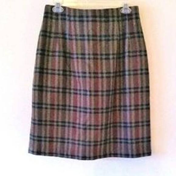 Adolfo Brown Multi Plaid Wool Straight Knee Length Skirt - Size 12 - Picture 1 of 10